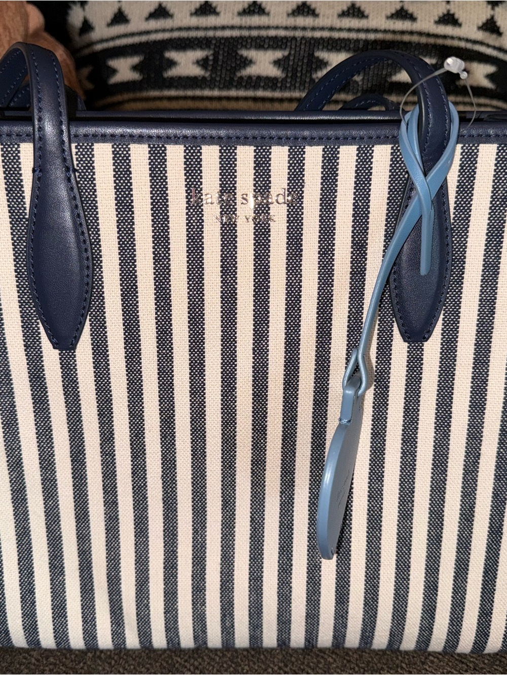 kate spade Navy & Cream Striped Canvas Tote with Blue Strap Accent